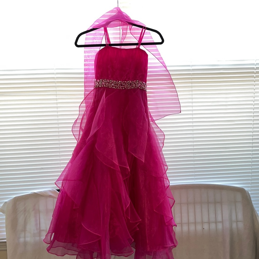 Formal fuschia girl’s dress scarf included